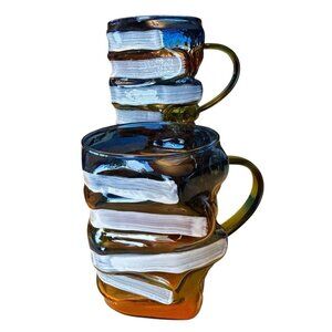 2 Novelty 3D Painted Book Mugs Blue Top for Student Teachers Librarians 3.5" H